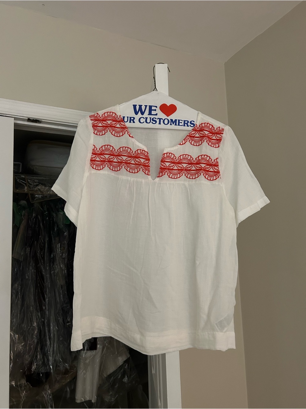 Old Navy White Short-Sleeve Shirt with Red Embroidery